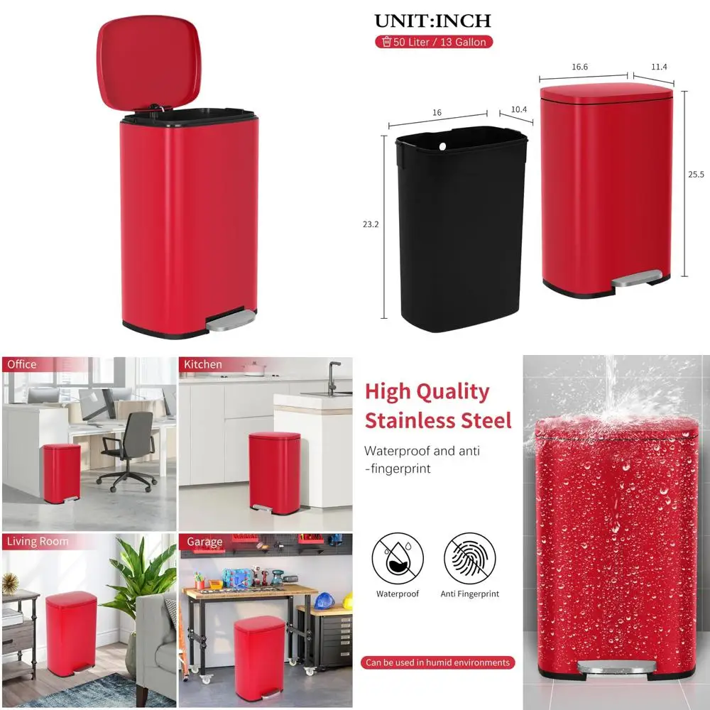 

50-литровый кухонный мусорный бак из нержавеющей стали без помощи рук с емкостью 13 галлонов, съемным внутренним ведром и мягкой крышкой