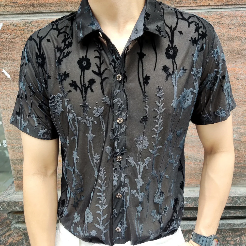 Casual Shirts Men Social Party Lace Sheer Blouse Hollowout 2024 Fashion Floral Transparent Shirt Man See Through Sexy Men Shirt