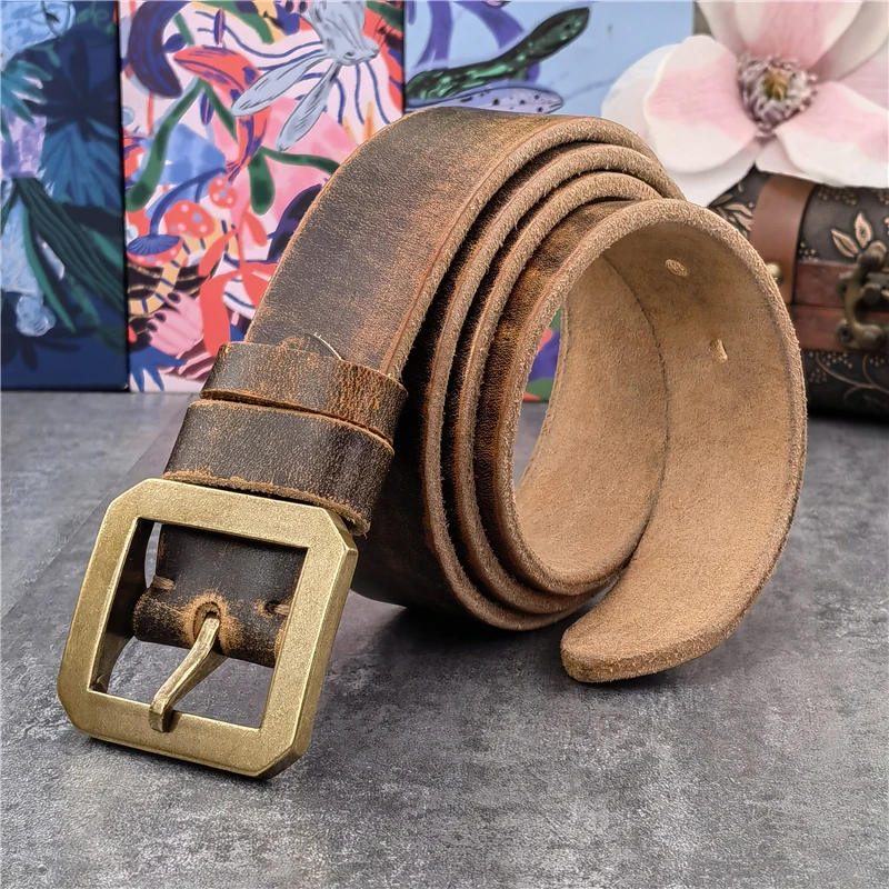 Vintage Male Belt Solid Brass Belt Buckle Genuine Leather Belt Men Ceinture Real Leather Belt For Man Jeans Belt Men  MBT0614