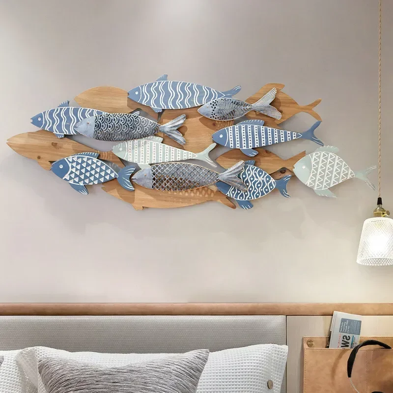 Nordic Wooden Wall Hanging Wabi Sabi Fish School Decor Pendant For Living Room Sofa Bedroom Dining Room Background Decor