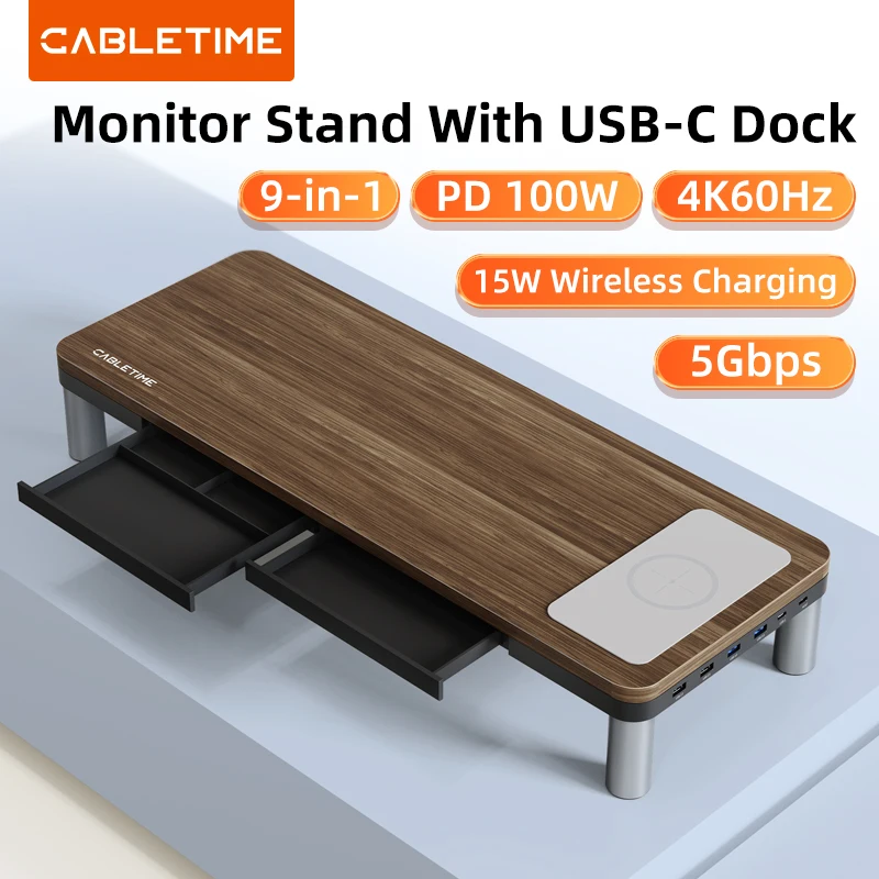 

CABLETIME Monitor Stand with USB-C Hub 9 in 1 Dock HDMI 4K60Hz PD100W RJ45 Wireless Charging for Macbook PC Laptop Desk Holder