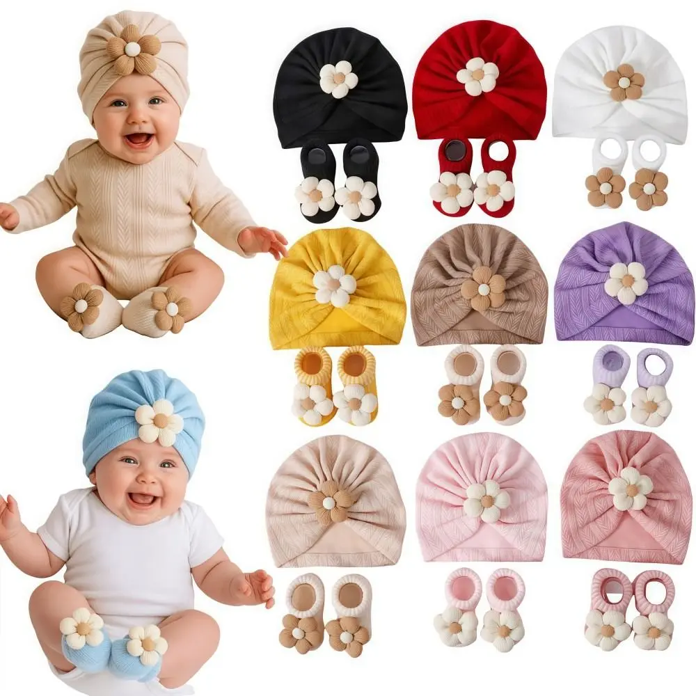 Bonito flor infantil turbante chapéu meias conjunto de algodão macio elástico lenço chapéu respirável leve chapéu meia conjunto recém-nascido suprimentos