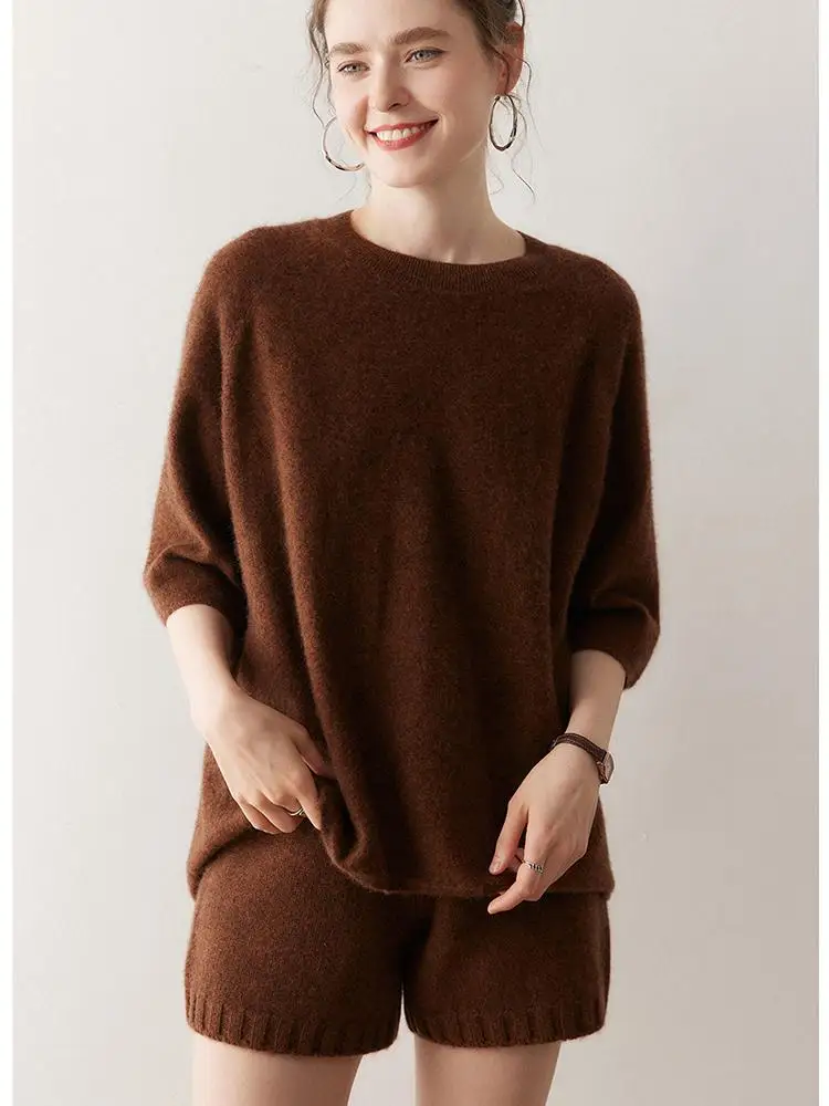 

Autumn Winter 100% Cashmere Sweater Women's O-neck T-shirt Pullover Irregular Hemline Three Quarter Raglan Sleeve Loose Knitwear