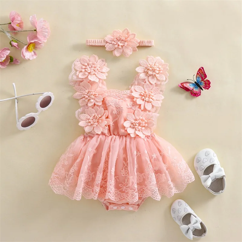 Baby Girl Summer Outfit  Flower Embroidery Tie-Up Mesh Romper Dress Bow Headband 2 Piece Set