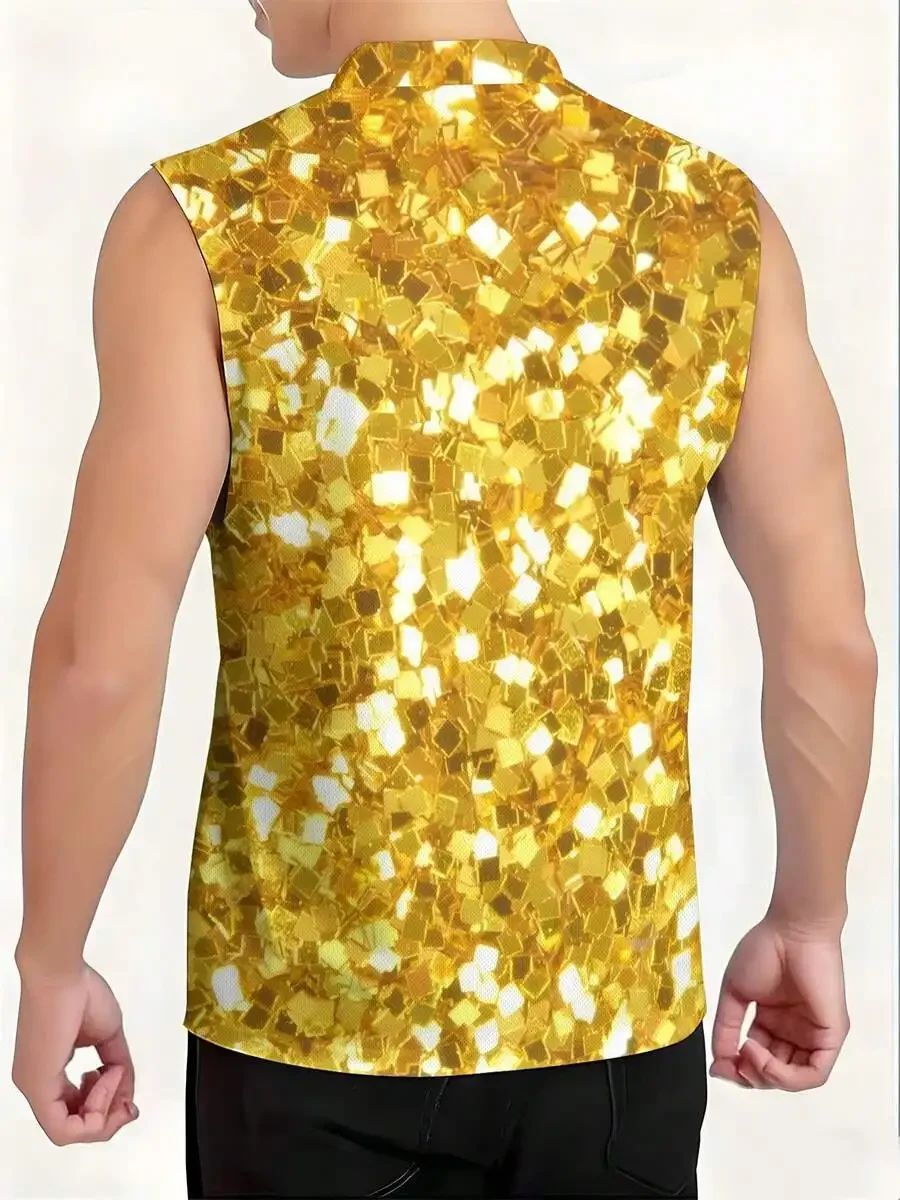 

Mens Sleeveless Henley Shirt With Gold Foil Print Casual Summer Top