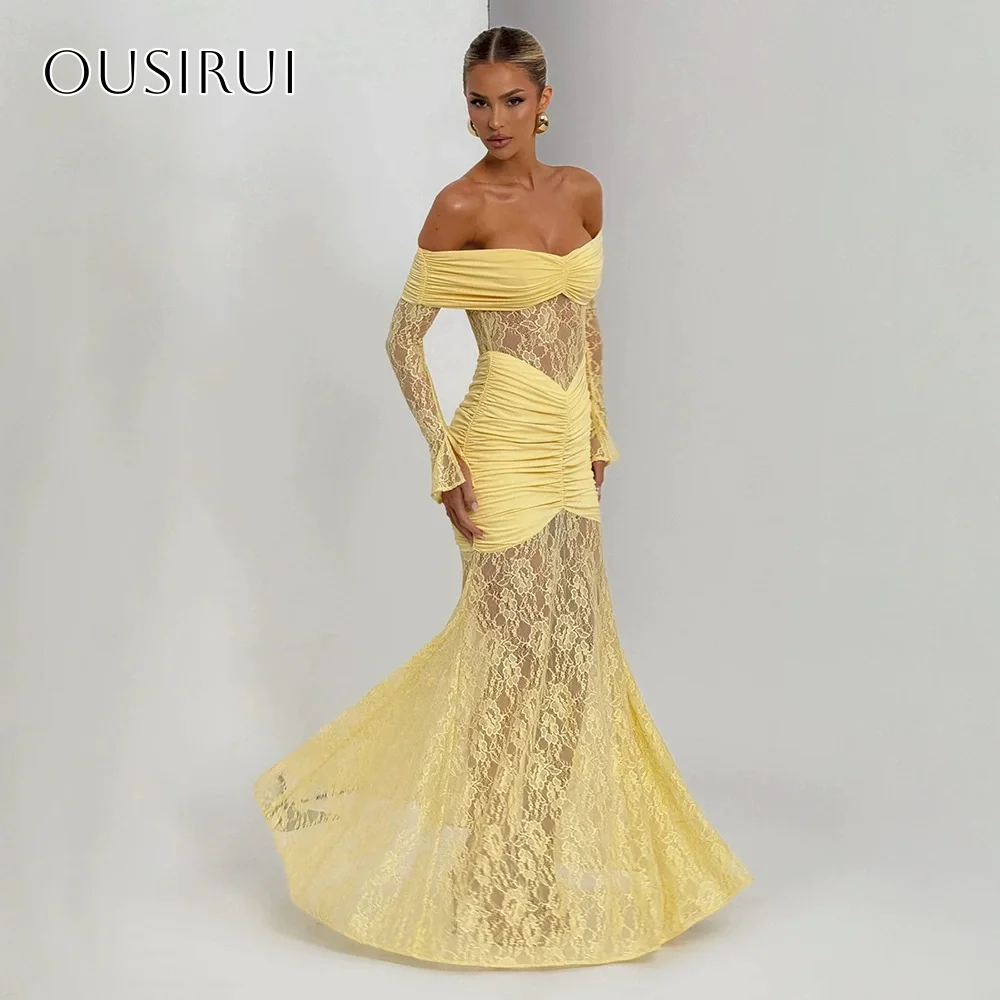 레이스 오프숄더 시스 이브닝 드레스 플리츠 플로어 기장 롱 슬리브 파티 가운