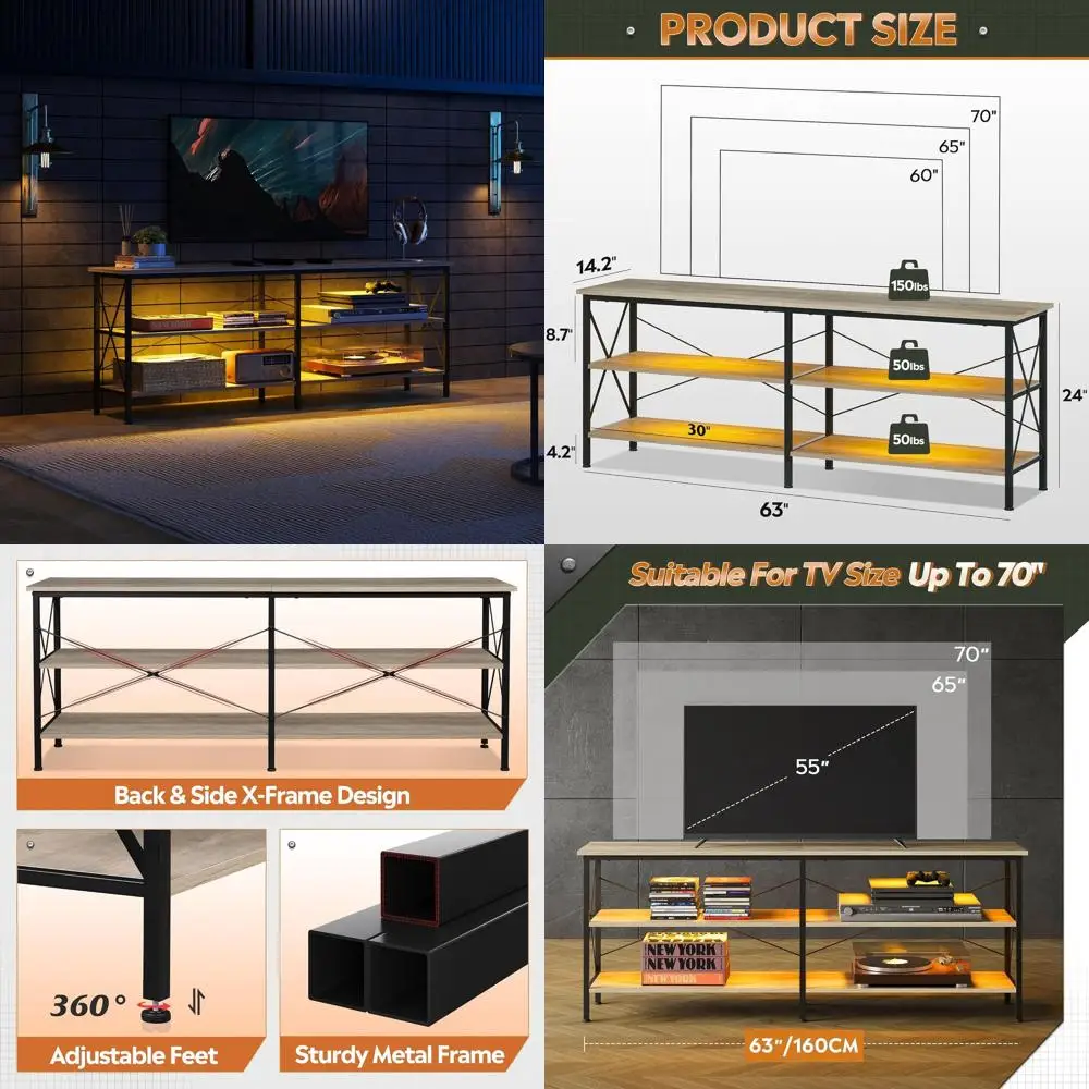 63 Entertainment Center For Tvs Up To 70, Led-Ready Media Stand With 3-Tier Sto…