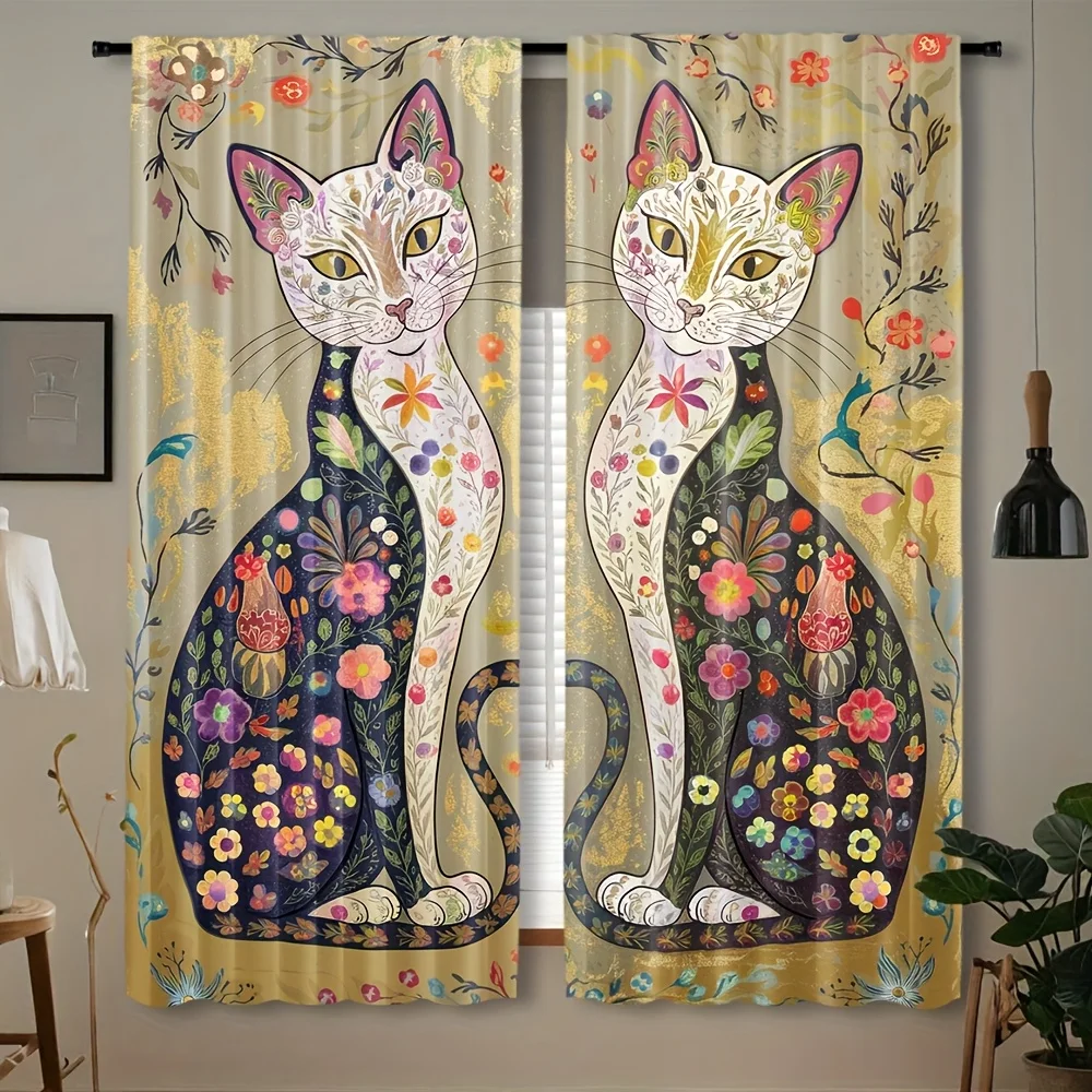Luxurious Boho Cat Floral Curtains Pair Gold Accent Print Tapestry Window Panels Decorative Cottagecore Living Room Decor
