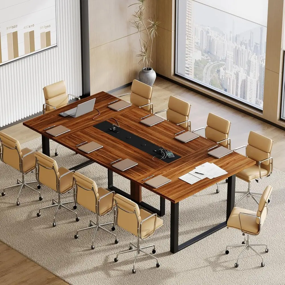 

10-Person Industrial Metal Conference Table with Power Outlets and Cable Management