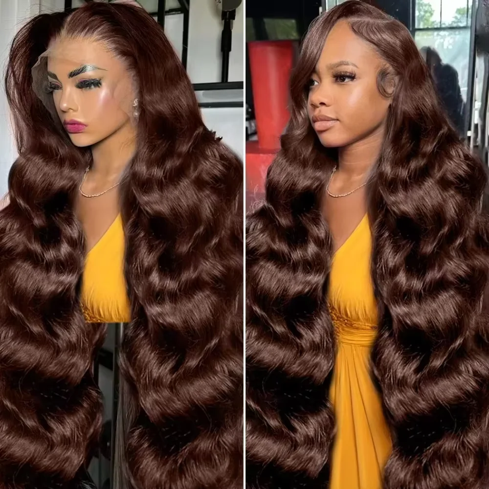 

40 Inch Chocolate Brown #4 Colored Wigs 13x6 HD Transparent Lace Frontal Body Wave Full 220 Density Human Hair Wigs Pre Plucked