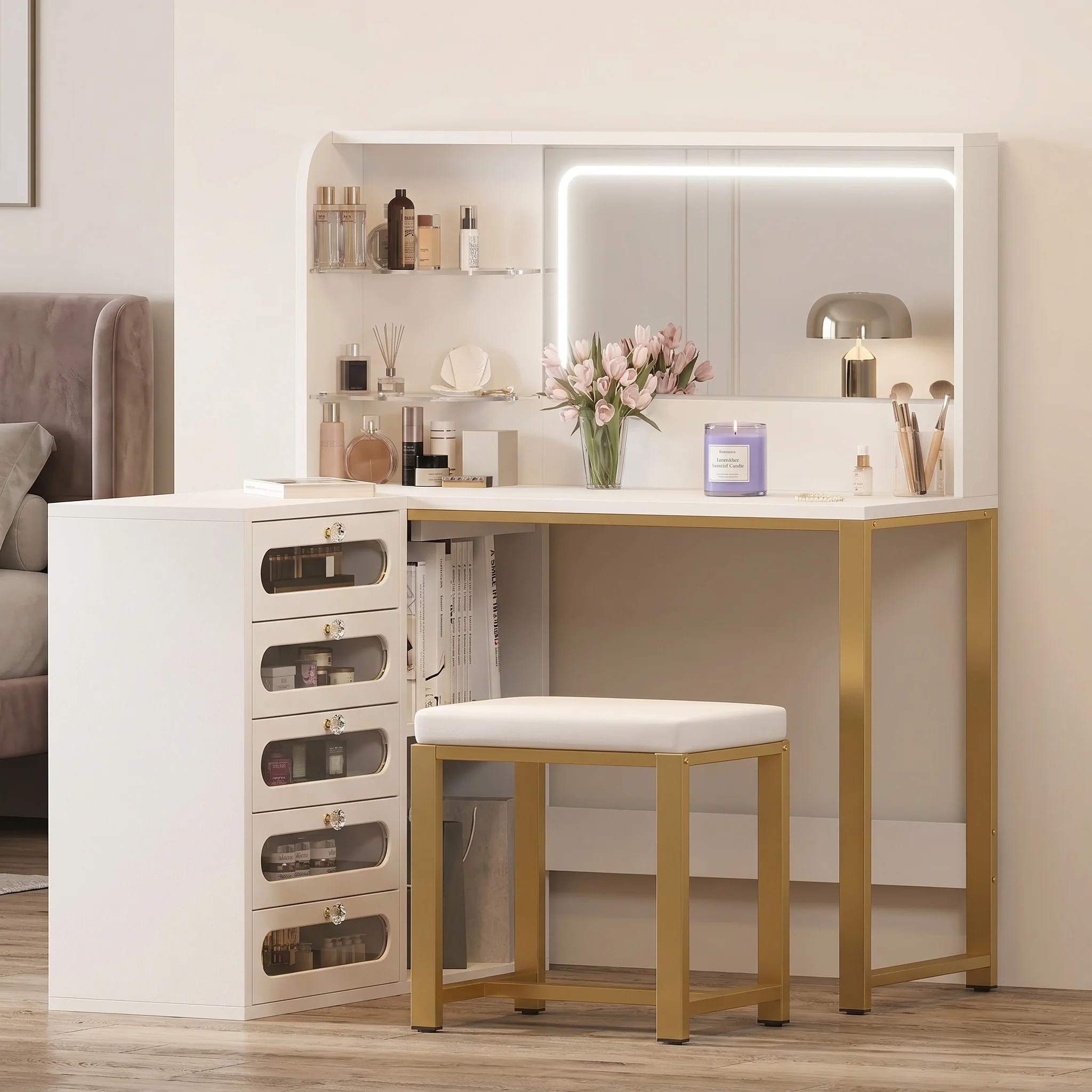 Comanlai - Juego de Mesa de Maquillaje en Forma de L con Taburete, Gabinete de Almacenamiento y Espejo LED, 120×80×135 cm, Tocador para Dormitorio