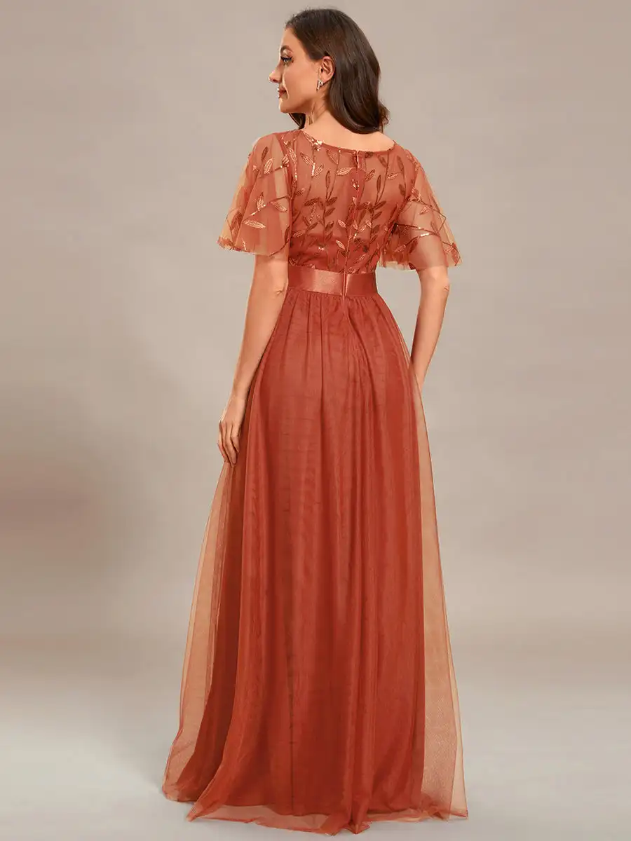 Elegante avondjurken Paillettenprint Maxi lang met kapmouw A-LIJN 2025, Ever Pretty of Gauze Burnt Orange Bruidsmeisjesjurk