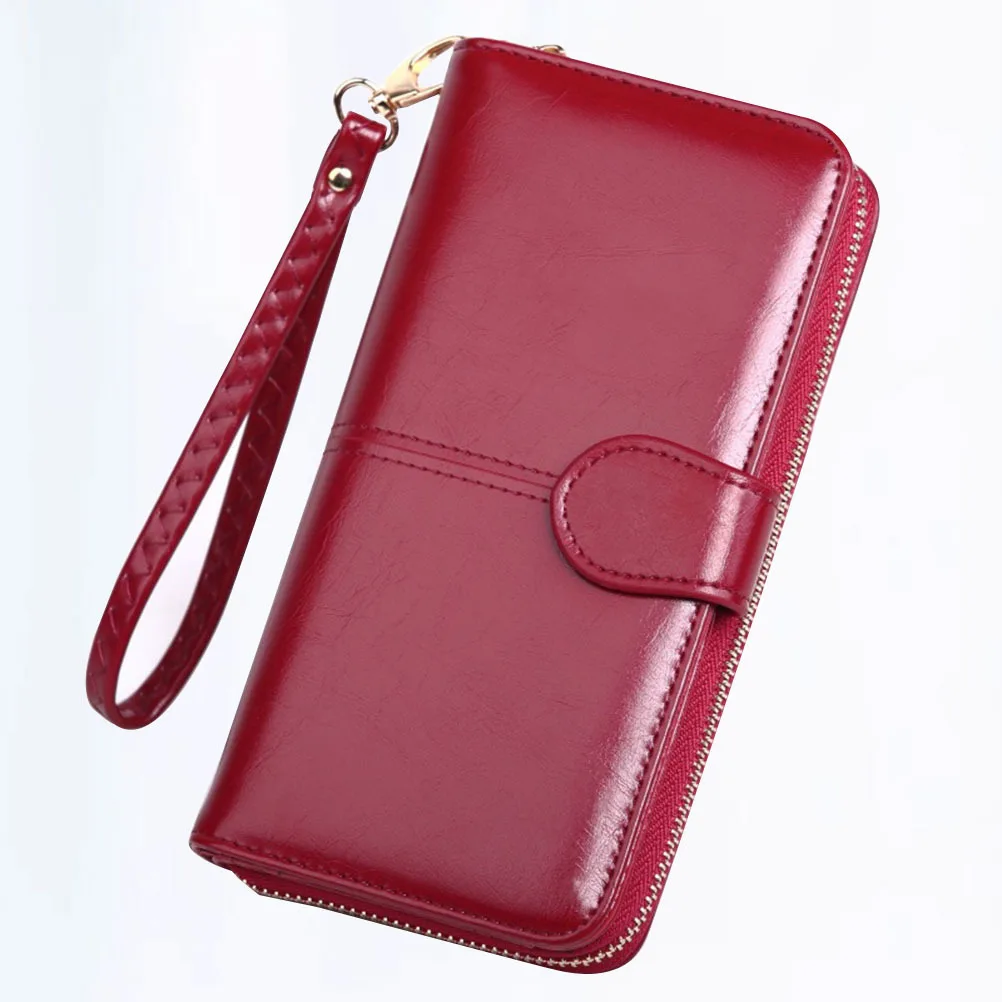 

PU Oil Wax Wallet Snap Closure Zipper Pouch Wine Red Portable Pack Wrist Strap Coin Purse for Daily Use Women Long