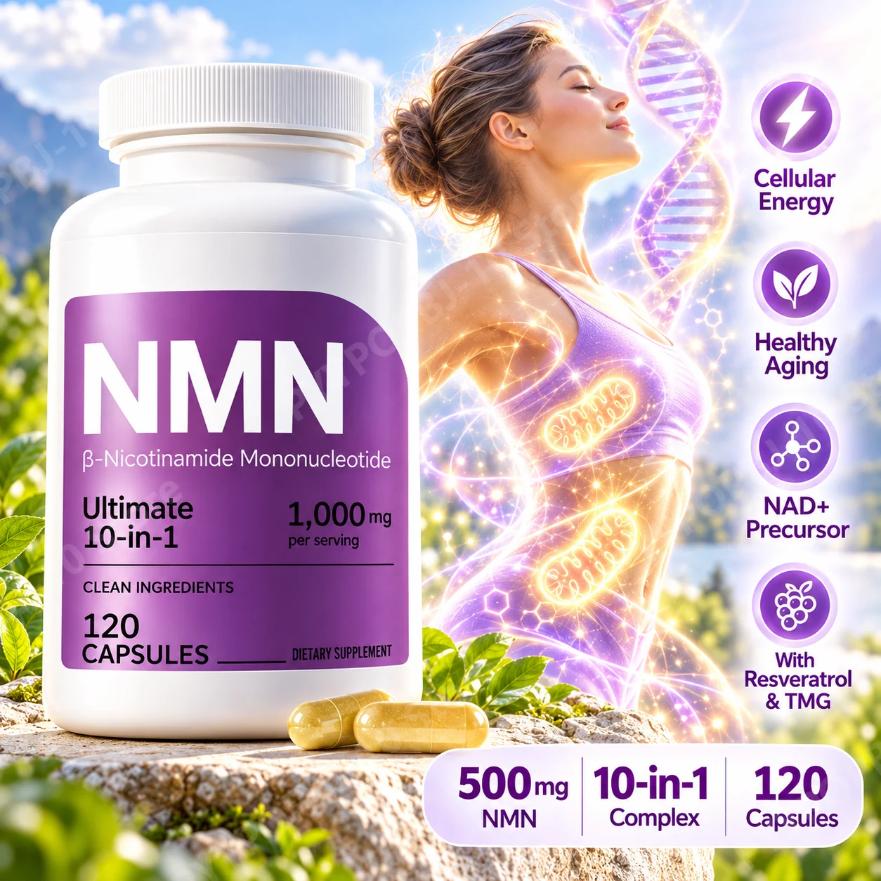 NMN 500mg 10-in-1 Complex for Cellular Energy & Healthy Aging with Resveratrol & TMG, NAD+ Supplement Precursor, 120 Capsules