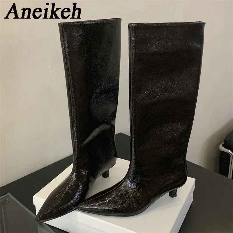 

Aneikeh/Зимние женские сапоги до колена с острым носком и текстурированной лакированной кожей, женская обувь на низком тонком каблуке, Botas De Mujer