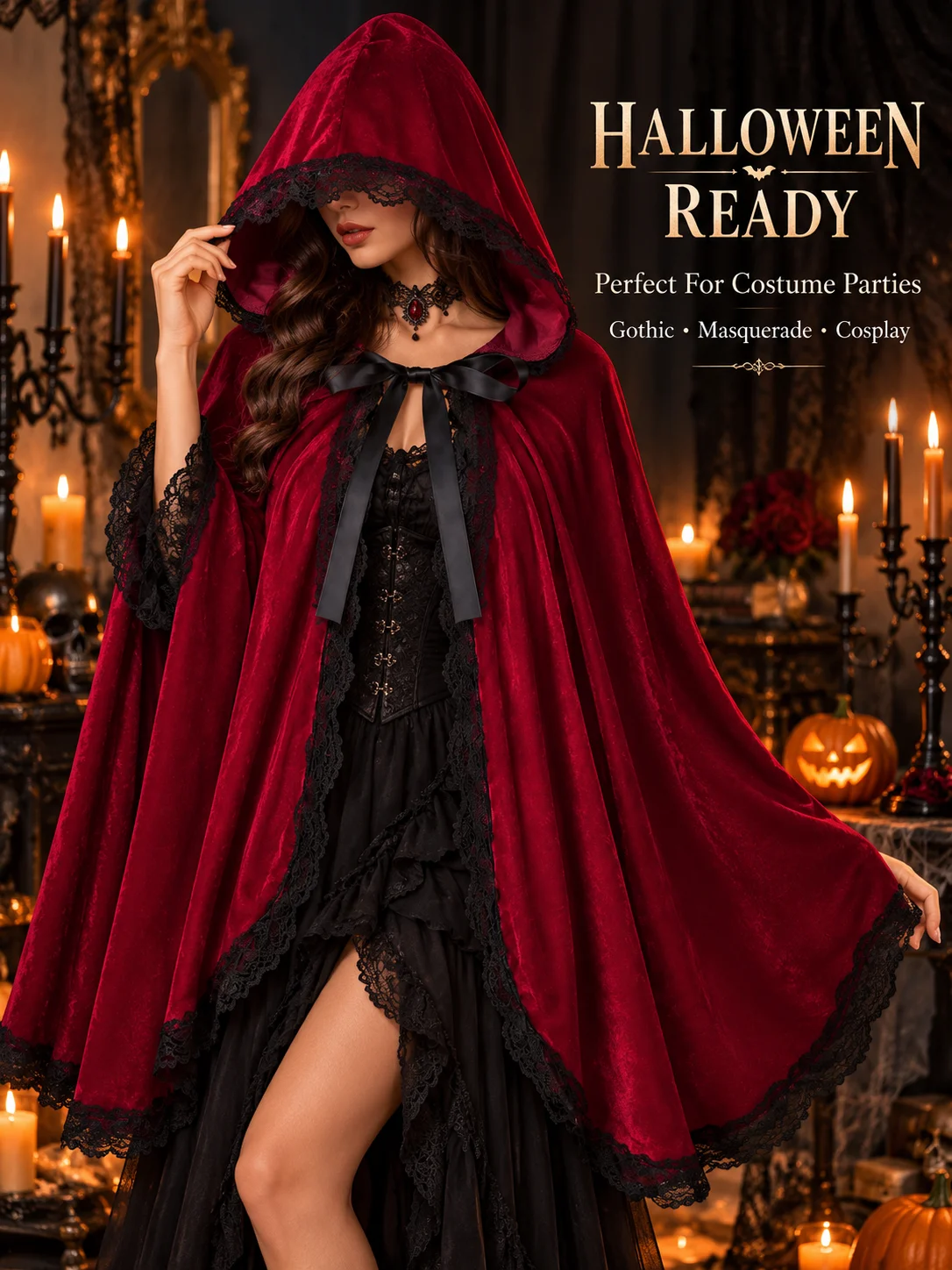 Women's Burgundy Velvet Hooded Cape Black Lace Gothic Cloak Red Riding Hood Halloween Cosplay Costume Party