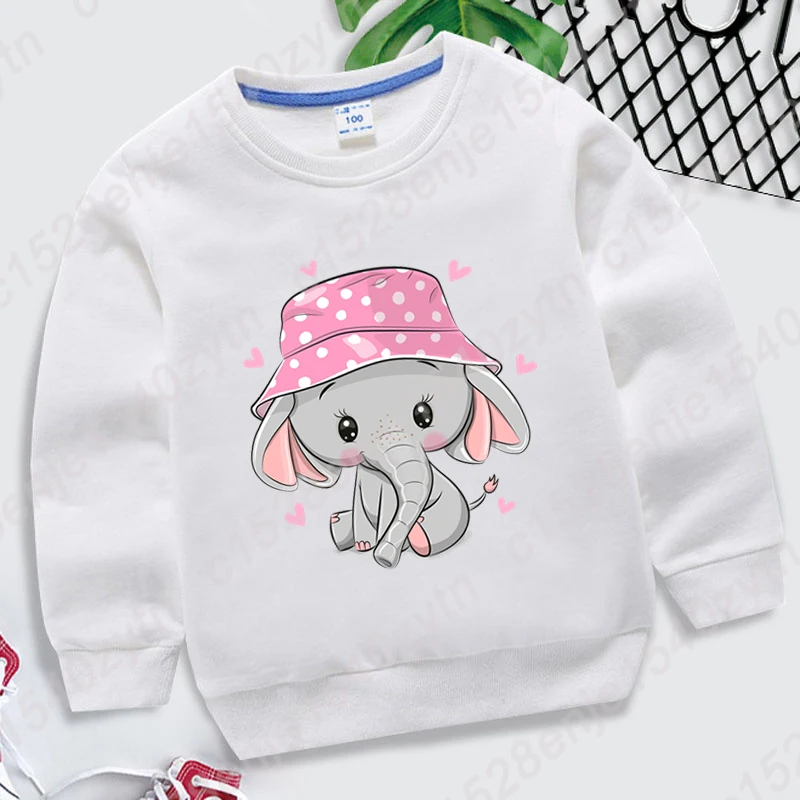 Popular Elephant Print Pullovers Children Fashion Solid Color Round Neck Hoodless Sweatshirts Autumn Winter Sweatshirt Plus Size