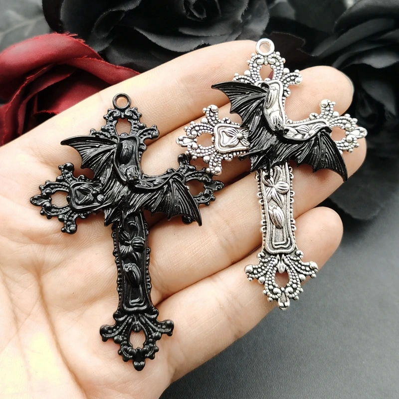 2pcs Large Bat Cross Pendant Floral Filigree Victorian Vintage Gothic Style Accessories DIY Charm Jewelry Crafts Making