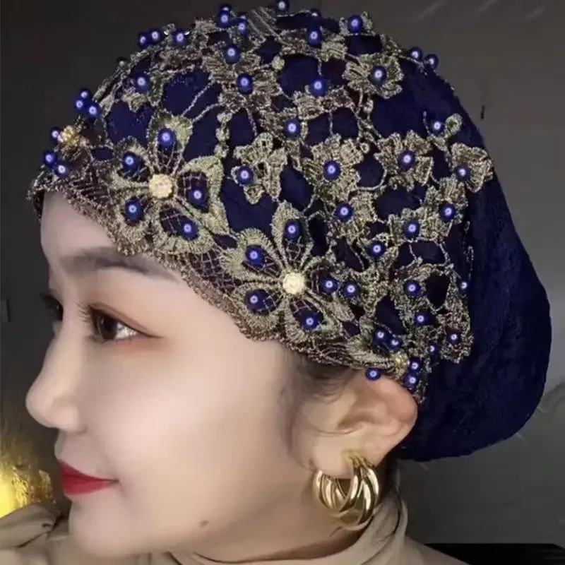 Ladies Personality Ethnic Beaded Hat Gauze Scarf Headscarf New Fashion Headscarf Pullover Hat Ladies Baotou Hat T003
