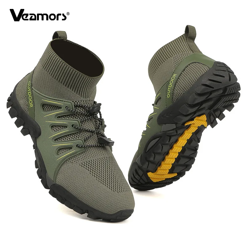 Knitted Men's Breathable Hiking Shoes Fashion High Top Women Outdoor Sneakers Non-slip Casual Sports Shoes for Trekking Camping