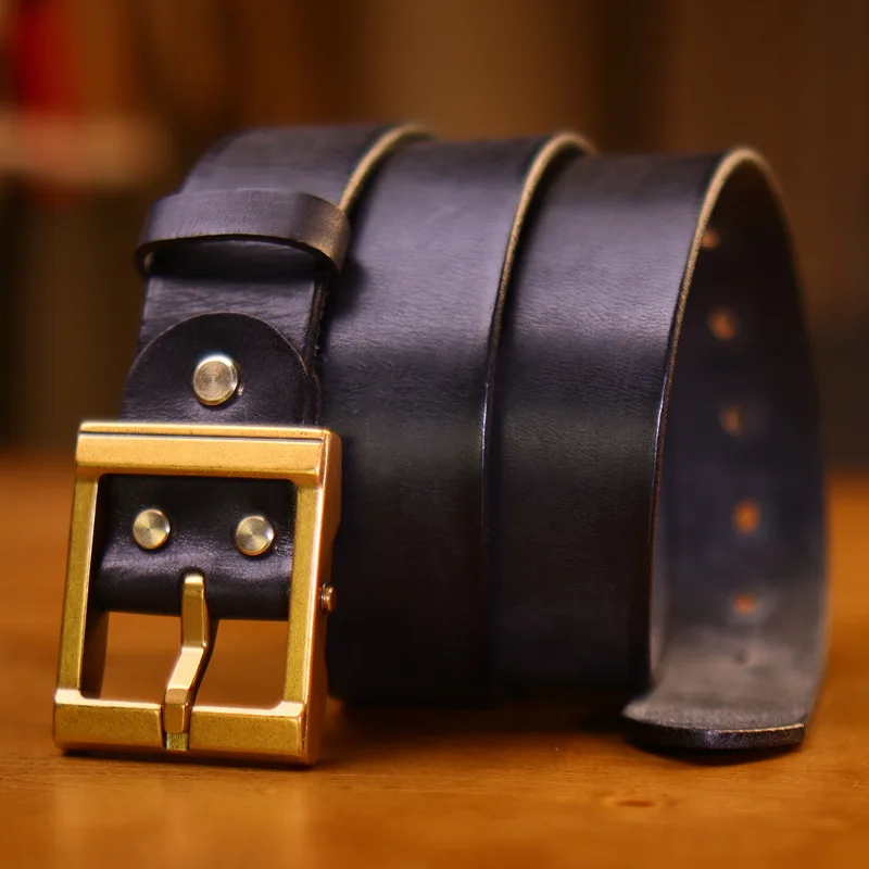 

3.8CM Thick Copper Brass Buckle Hand Polished Men's Tough Vintage Belt Male Top Layer Cowhide Trendy Design Brand Waist Belts