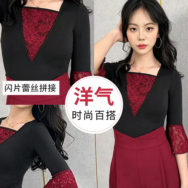 

Latin Dance Mid-sleeve Top Practice Clothes For Women 2026 New Contrast Color Lace National Standard Modern Waltz Dance Clothes