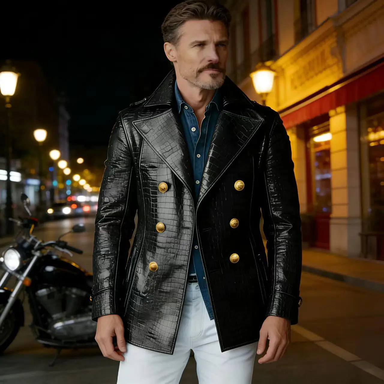 

Men's Crocodile Embossed Leather Peacoat Double Breasted Gold Button Jacket Luxury Casual Overcoat