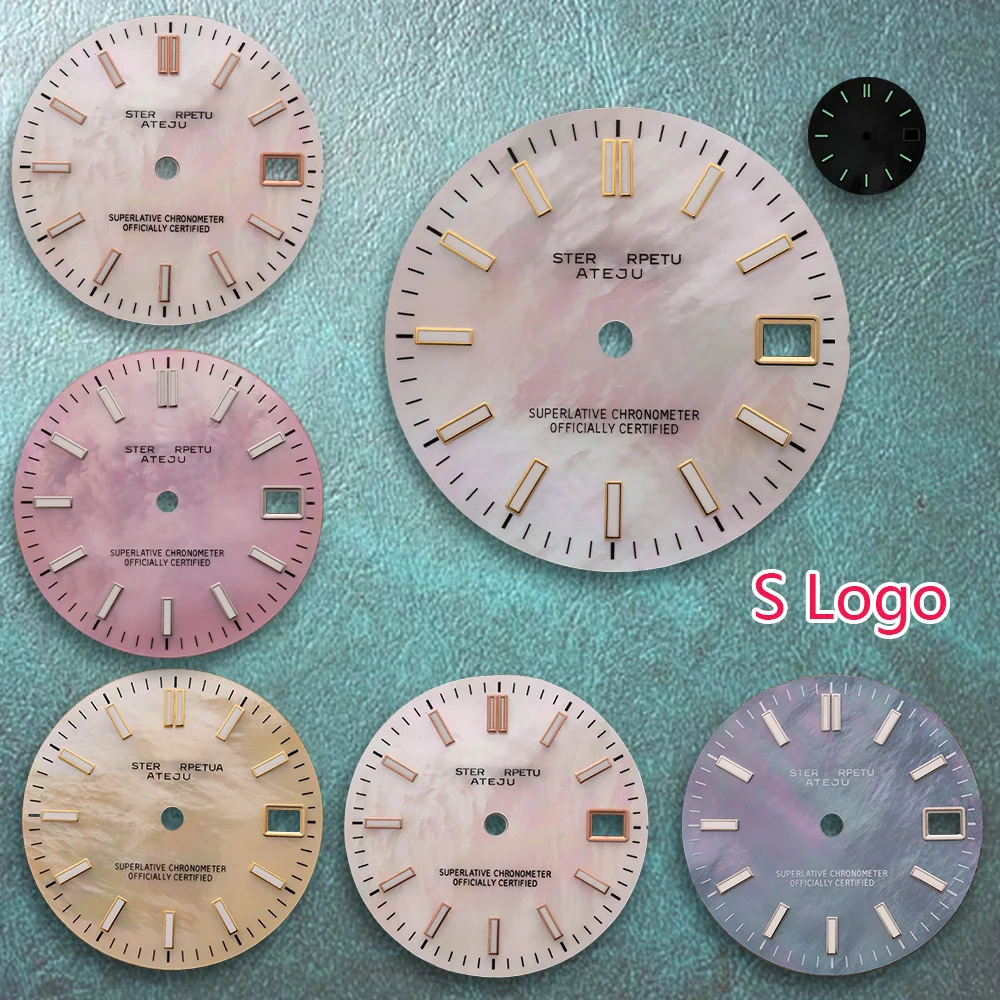 28.5mm S Logo New pearl shell NH35 Dial Fit NH36 Movement Green Luminous Quality Delicate Watch Modification Accessories