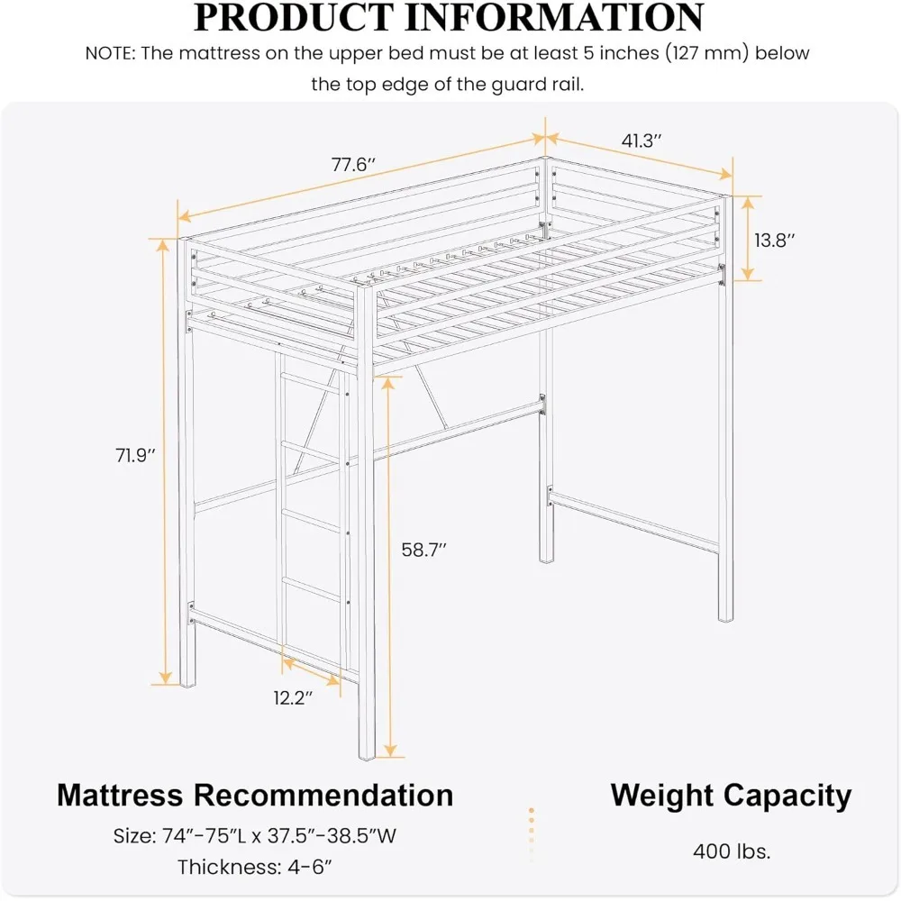 Junior Loft Bed Twin Size, Heavy Duty Twin Bed Frame with Full-Length Guardrail & Removable Stairs, Noise-Free, Space-Saving,