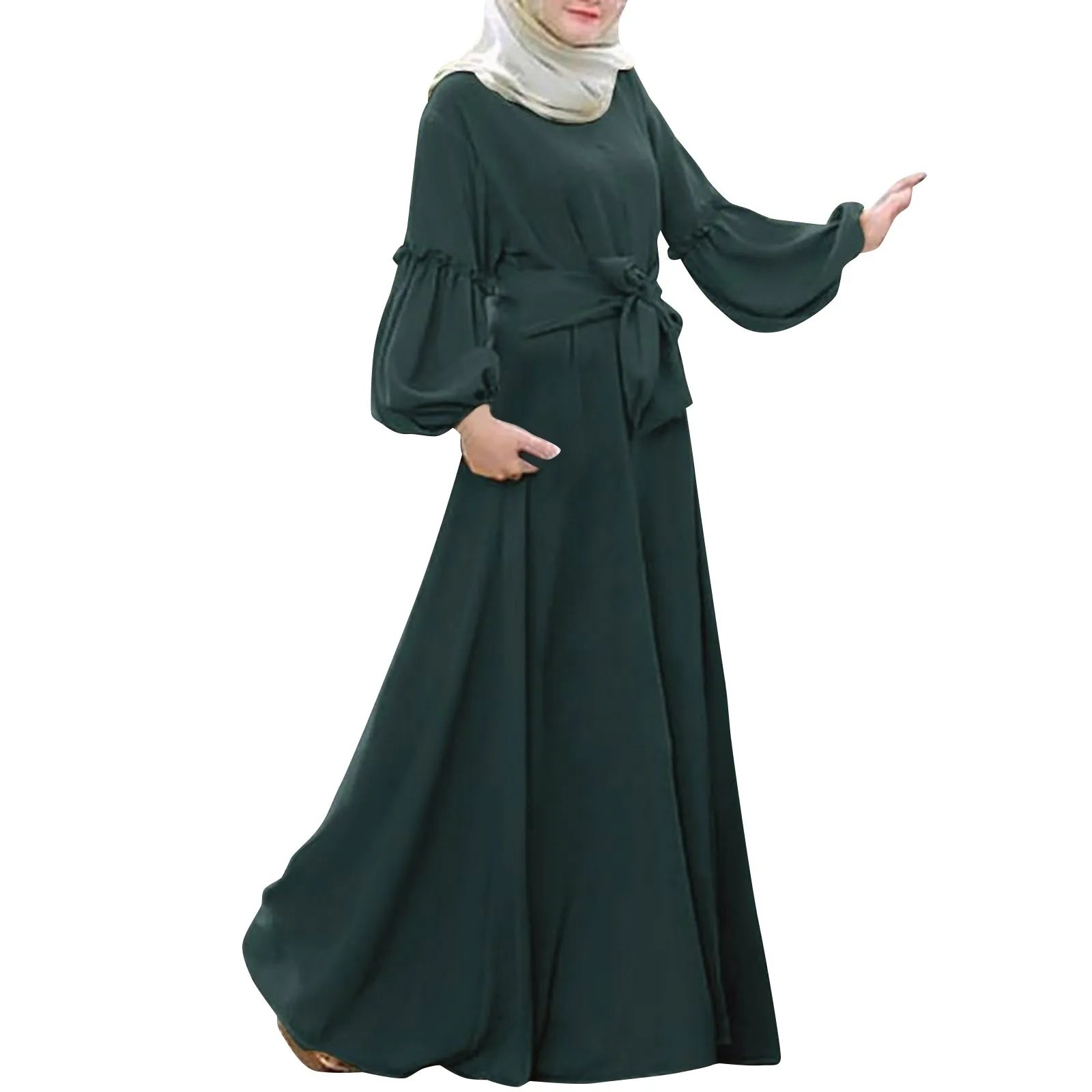 Dames Moslim Effen Kleur Lange Mouwen Ronde Hals Ruche Jurken Gebed Kleding Ramadan Abayas Voor Vrouwen Dubai Bescheiden Gewaad