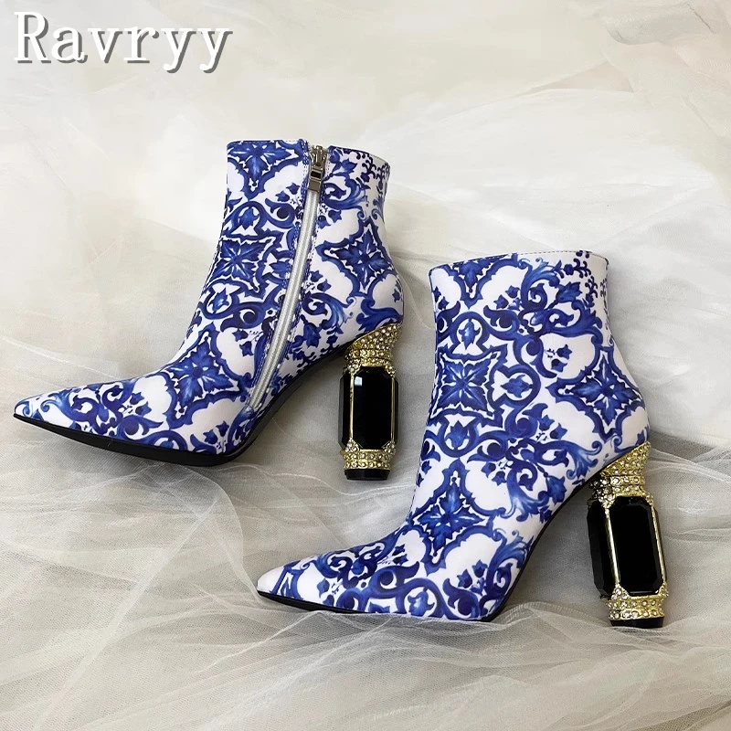 Luxury Blue and White Porcelain Printing Boots Women Genuine Leather Pointed Toe 10cm Rhinestone Gemstone Heels Ankle Boot