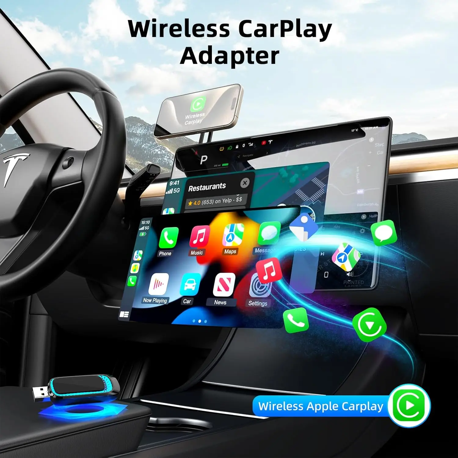 Mini wireless USB CarPlay adapter for iPhone, 2024 update, converts via cable dongle for 2016 cars view 2