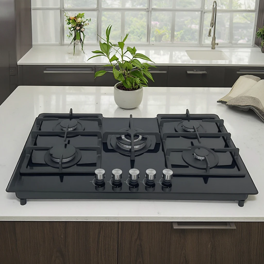 5口ビルトインガスコンロ - 家庭用キッチン向け高品質強化ガラス製クックトップ、安全機能付きポータブルデザイン
