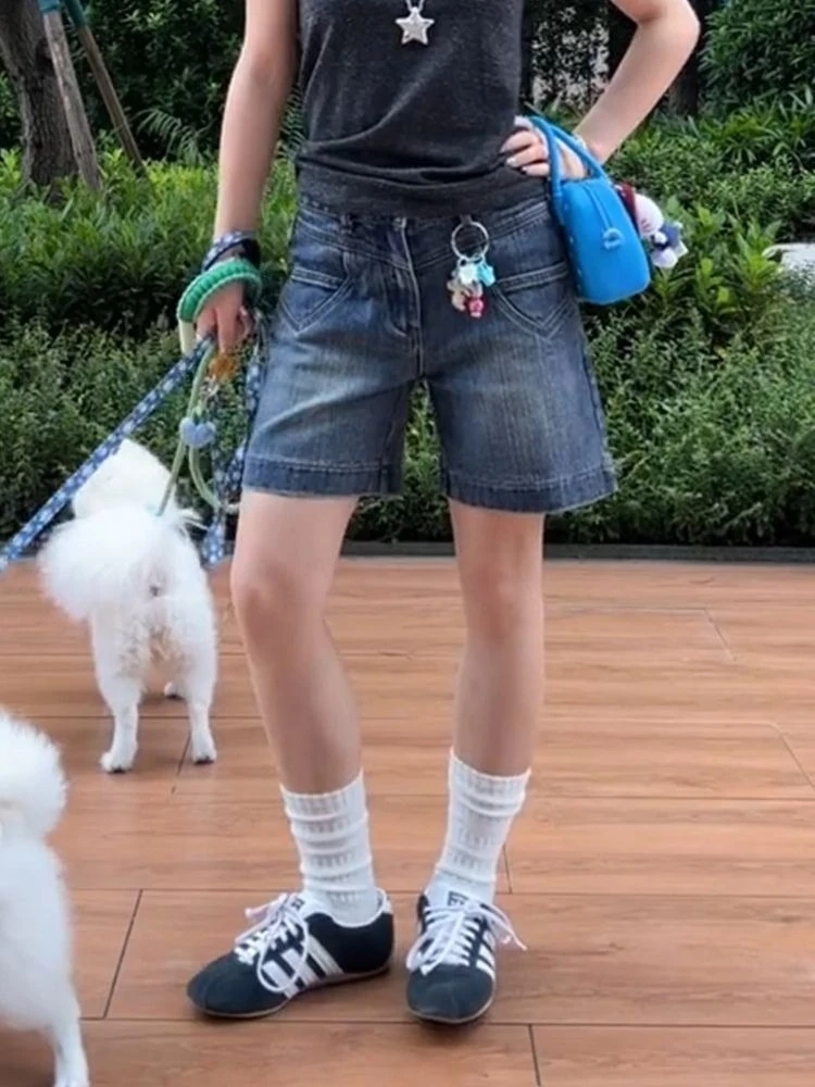 HOUZHOU Vintage Y2k Denim Shorts Women Harajuku Grunge Five-point Baggy Washed Jorts Retro Casual Blue Wide Leg Short Jeans