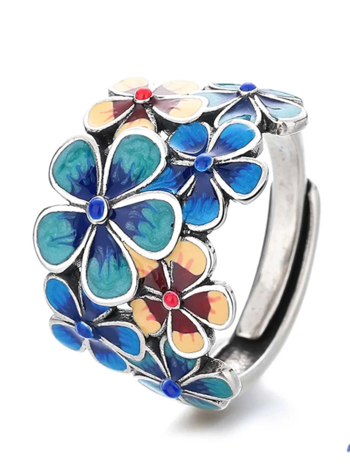 HX New Cloisonné Enamel Flowery Ring for Women with Atmospheric Retro Ethnic Style Opening Adjustable Creative Index Finger