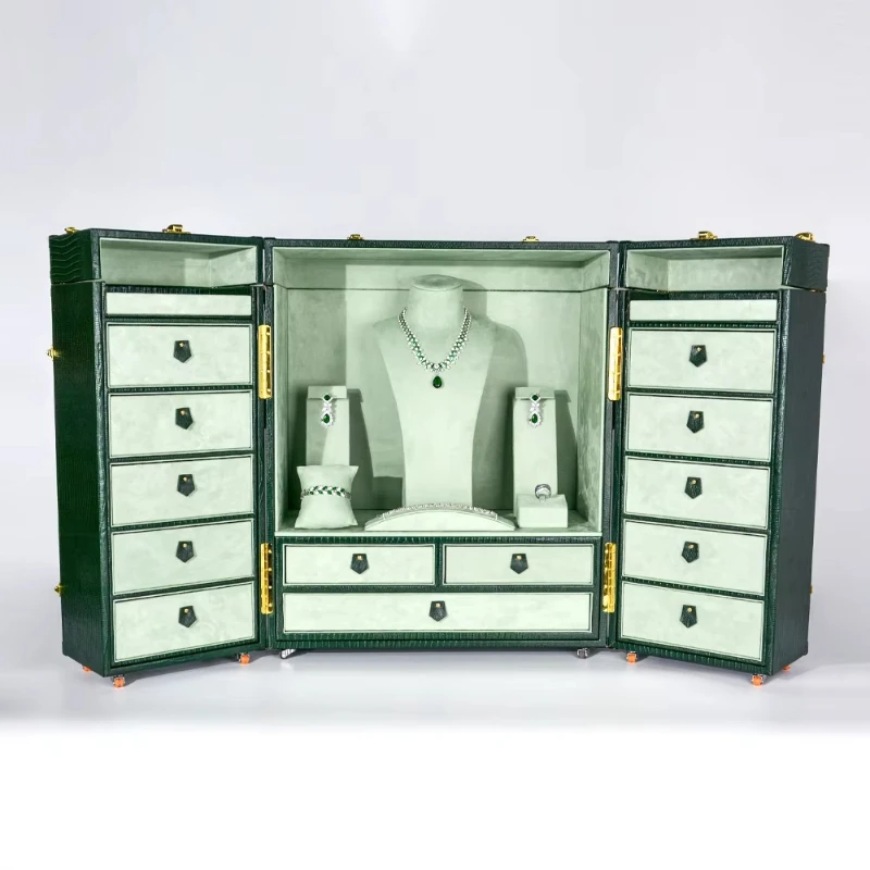 Custom oversized luxury wood and PU leather square jewelry storage cabinet with makeup mirror, TUV certified for wholesale