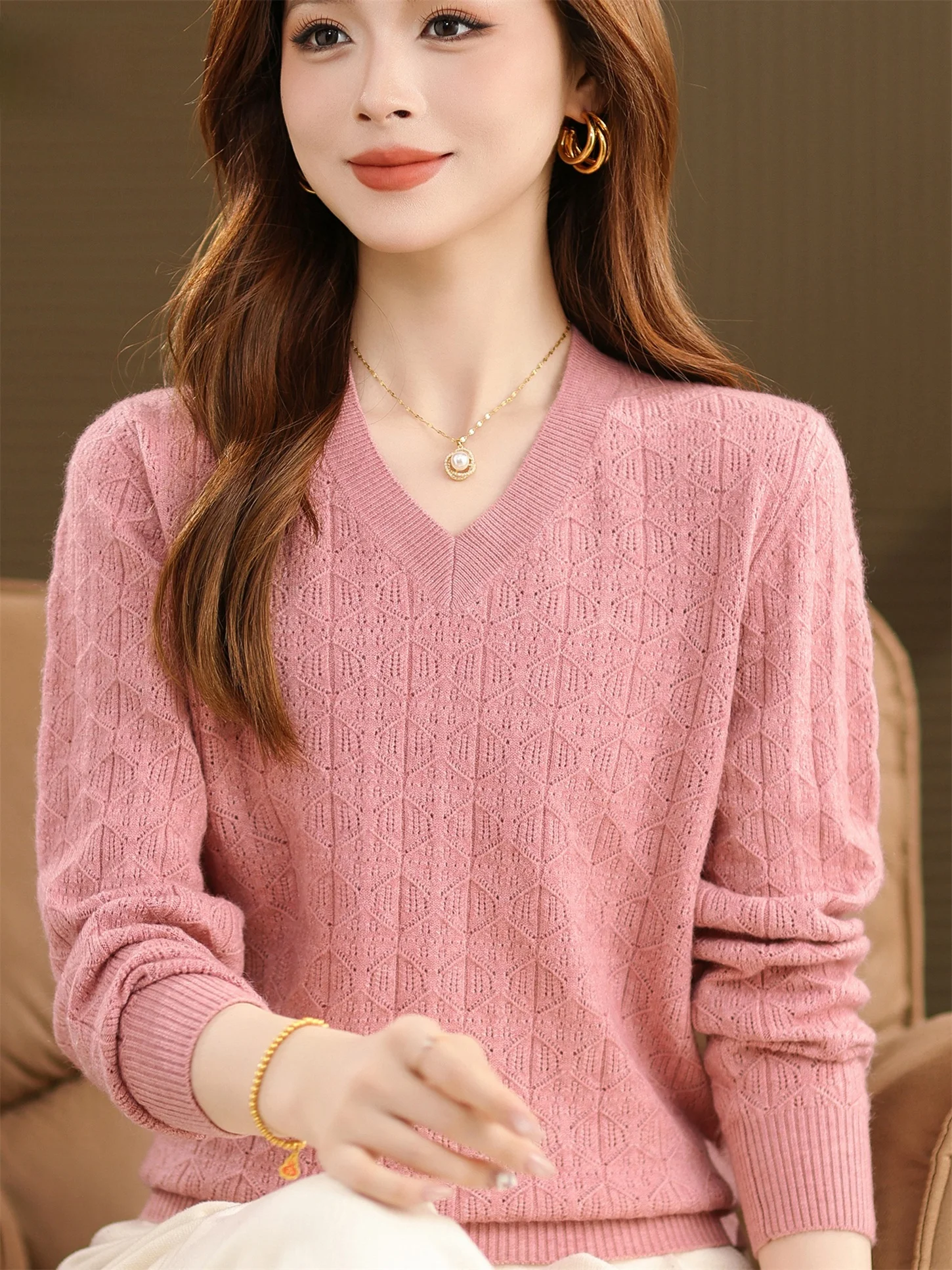 

Loose Long Sve V-Ne Knitwear Faionable Base Layer Top for Middle-Aged Women Autumn Spring New Sle Comfortable Fit T-...