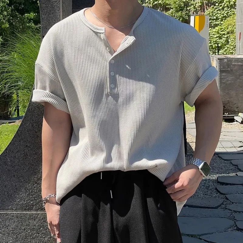 Summer Waffle Button Henley Ice Silk British Short Sleeve T-Shirt Men's Premium Business Casual Top