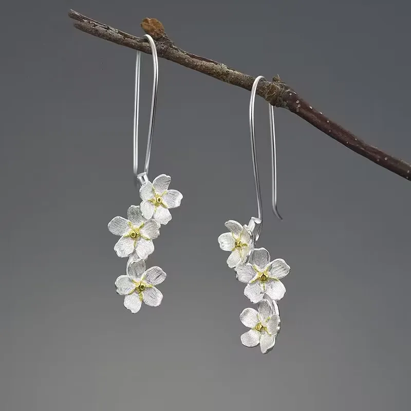 Wedding Fresh Elegant Forget-me-not Flower Long Dangle Earrings For Women 925 Sterling Silver Original Fine Jewelry