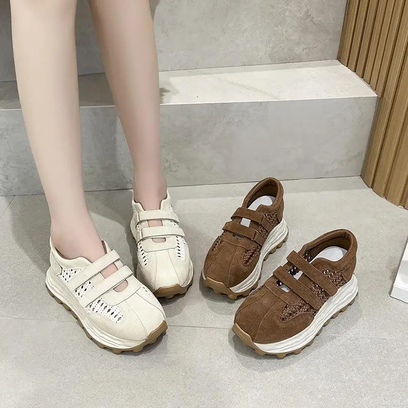 

Retro Genuine Leather Dad Shoes Women's Sporty Dequan Agan Thick Bottom High Heels Casual Hollow out round Toe PU Leather