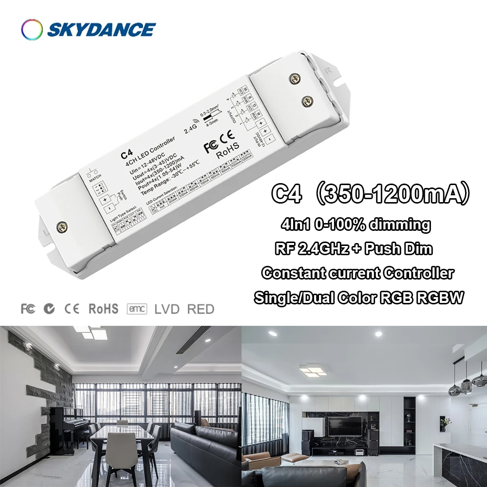 DC12-48V C4 4In1 150-1200mA Single/Dual Color RGB RGBW Constant current Dim 0 -100% PWM 2.4GHzRF + Push Dim Switch Controller