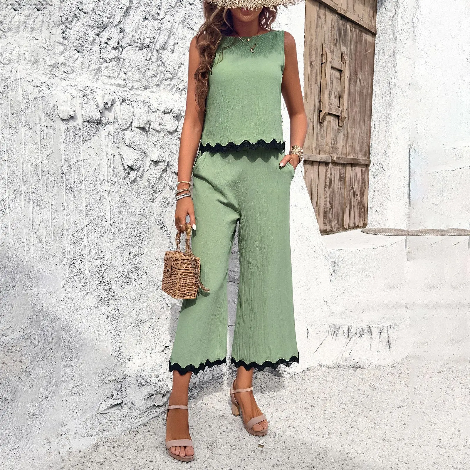 High Quality Women Clothing 2024 Spring Summer Casual Temperament Long Personalized Woven Belt Vest and Pants Set Ladies Fashion