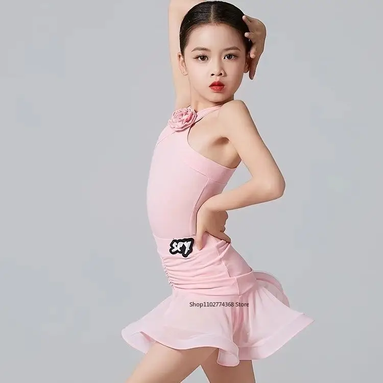 Meninas halter vestido de dança latina chacha samba rumba vestidos de competição de dança latina criança trajes de palco rosa