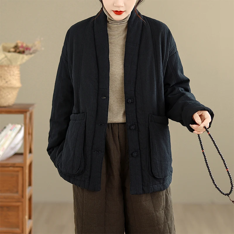 Thiened coton lin femmes Jaet hiver nouveau Sle chinois National Sle v-ne Long Sve coupe régulière trajet Sle