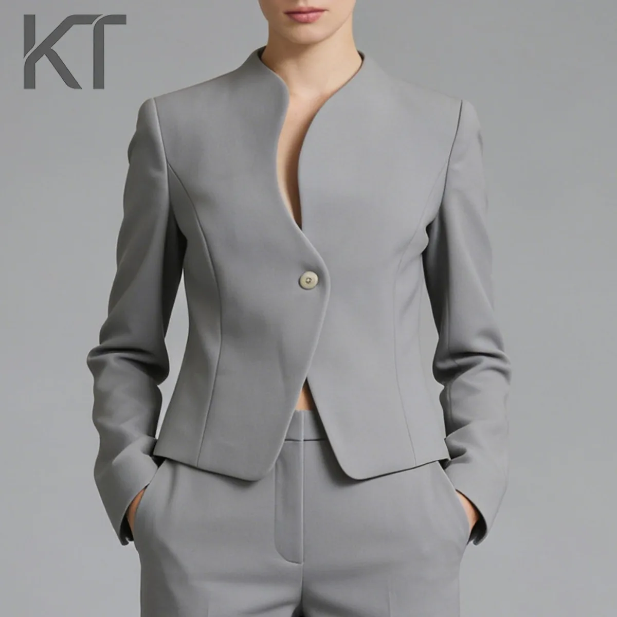 

Элегантный минималистичный блейзер KT для женщин с асимметричным вырезом, приталенный, на одной пуговице, в стиле смарт-кэжуал.