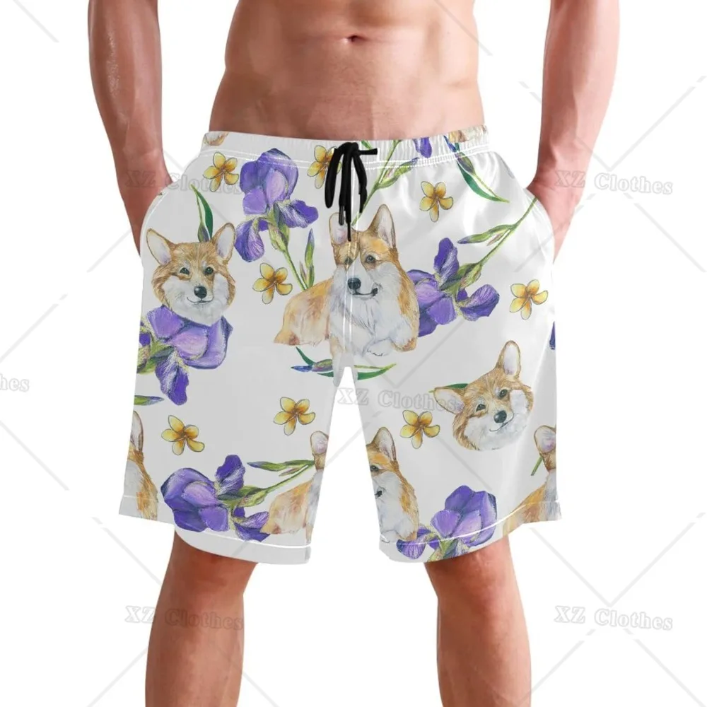 Dog Cute Corgi Stylish Men's Swim Trunks Quick Dry Beachwear Sports Swim Board Shorts Holiday Party Bathing Suits with Pocket