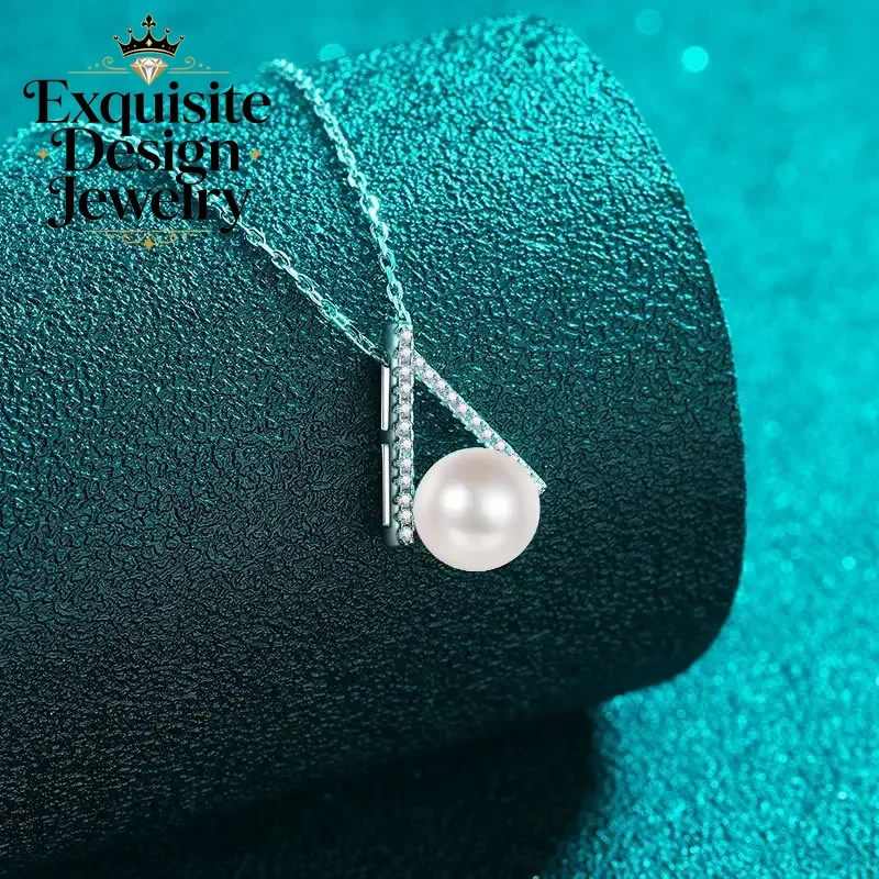 Reverse V 0.11ct Real Moissanite Necklace for Women,Classic PT950 Platinum Chain 8mm Pearl Pendant Natural Freshwater Wedding