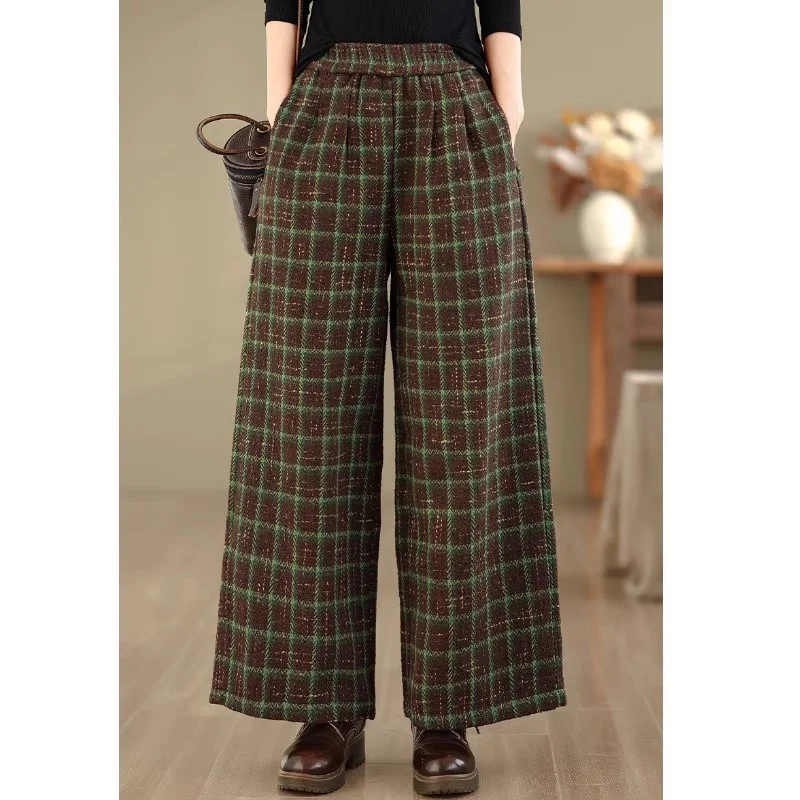 Retro Plaid Woolen Pants Women Autumn Winter, Large Size Loose And Versatile Elastic Waist, Warm Casual Wide Leg Trousers w1692