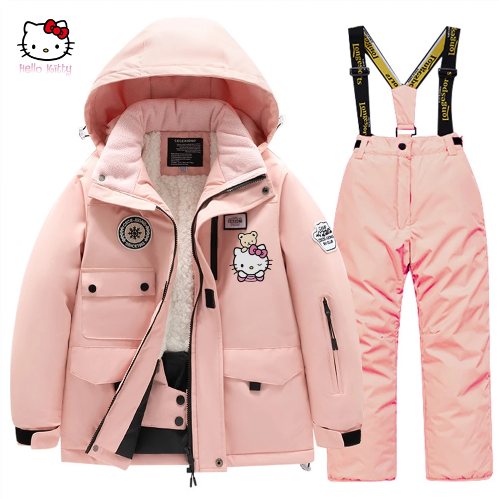 

Hello Kitty Cinnamoroll Kids Ski Suit Sanrio Anime Waterproof Boy Girl Winter Plush Thick Cotton Pants Snow Outdoors Jacket Set