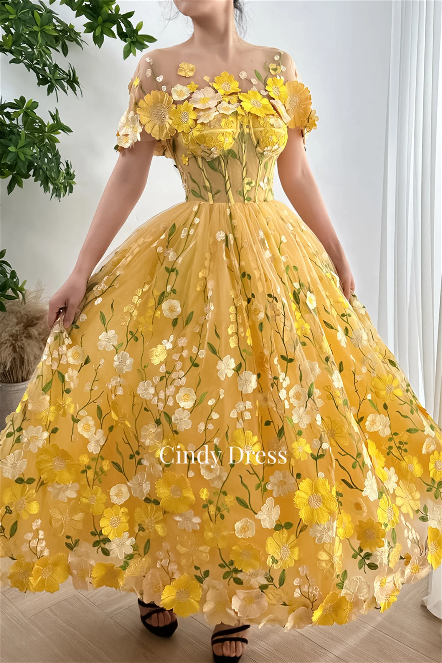 Yellow Embroidery A-line Applique Wedding Party Dress Women Elegant Luxury Dresses for Special Events Evening Gown Customized